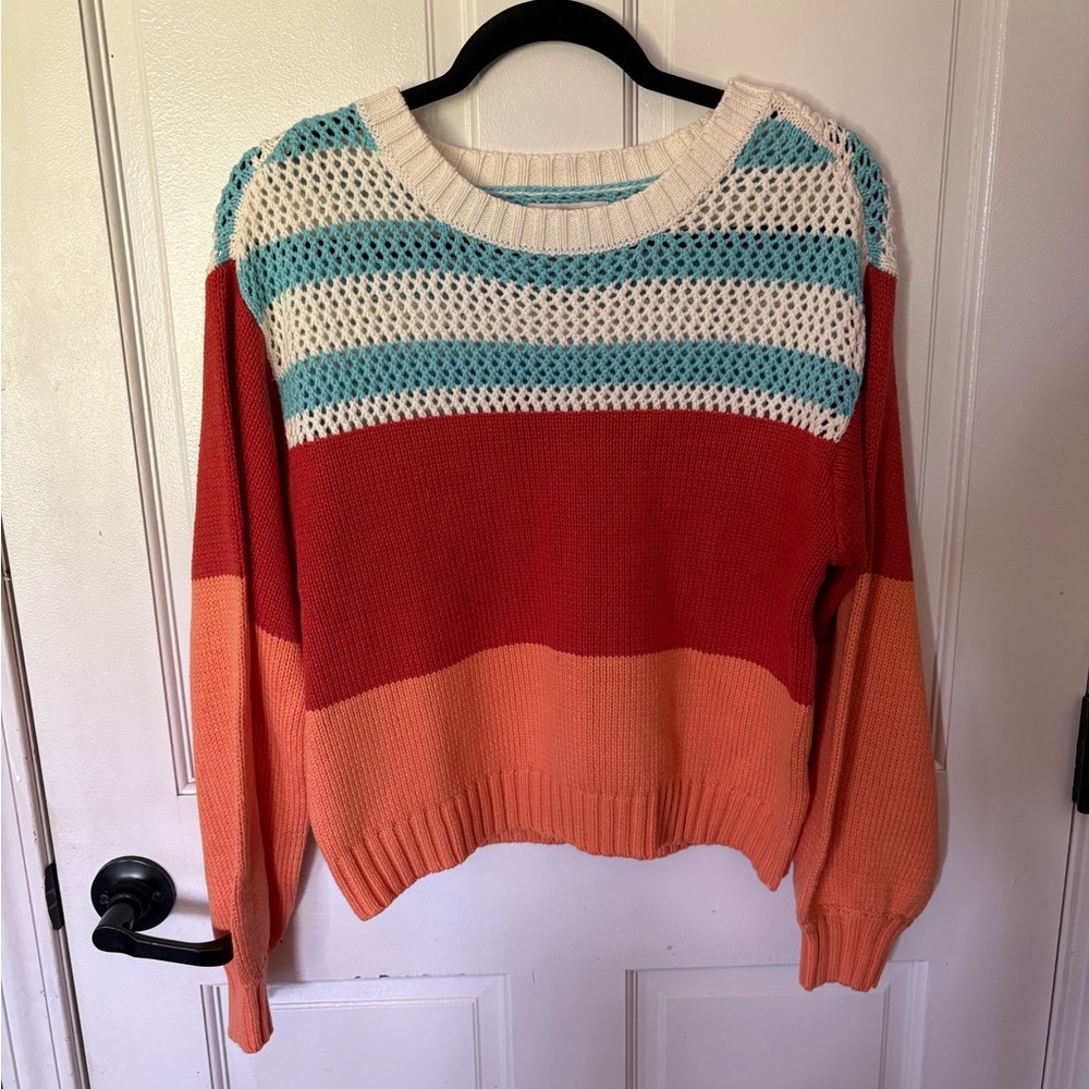 Colorblock Open-Knit Crewneck Sweater - Coral, Peach & Teal